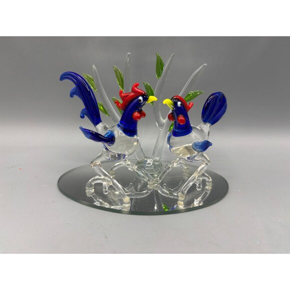 Hand Blown Glass Rooster Figurines Mirror Base Colorful Display‎ - Picture 1 of 9